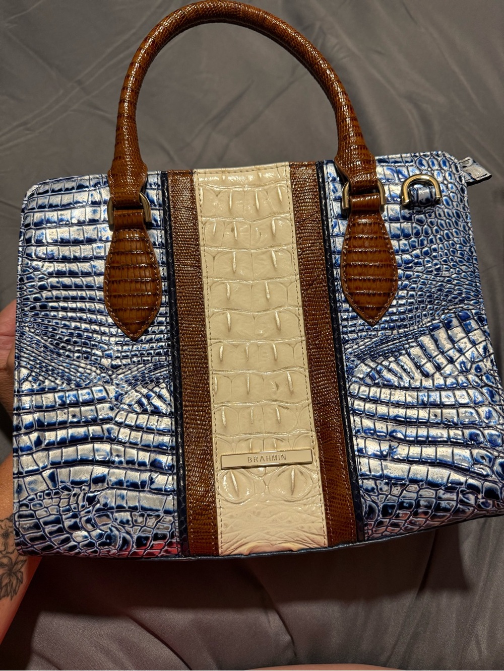 Brahmin Blue Croc-Embossed Satchel with Cream Center & Brown Trim